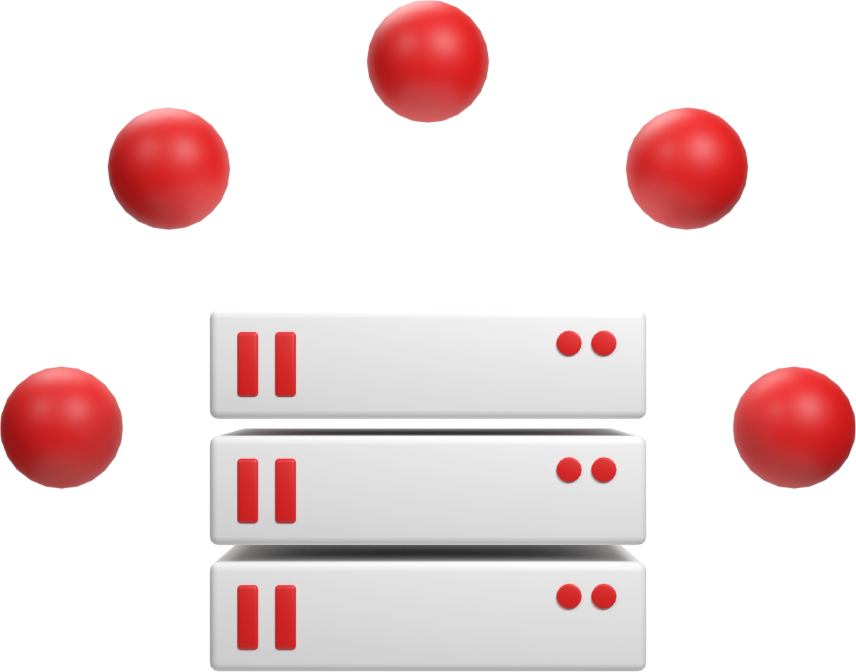 3D server stack with 5 red floating balls in an arch pattern above