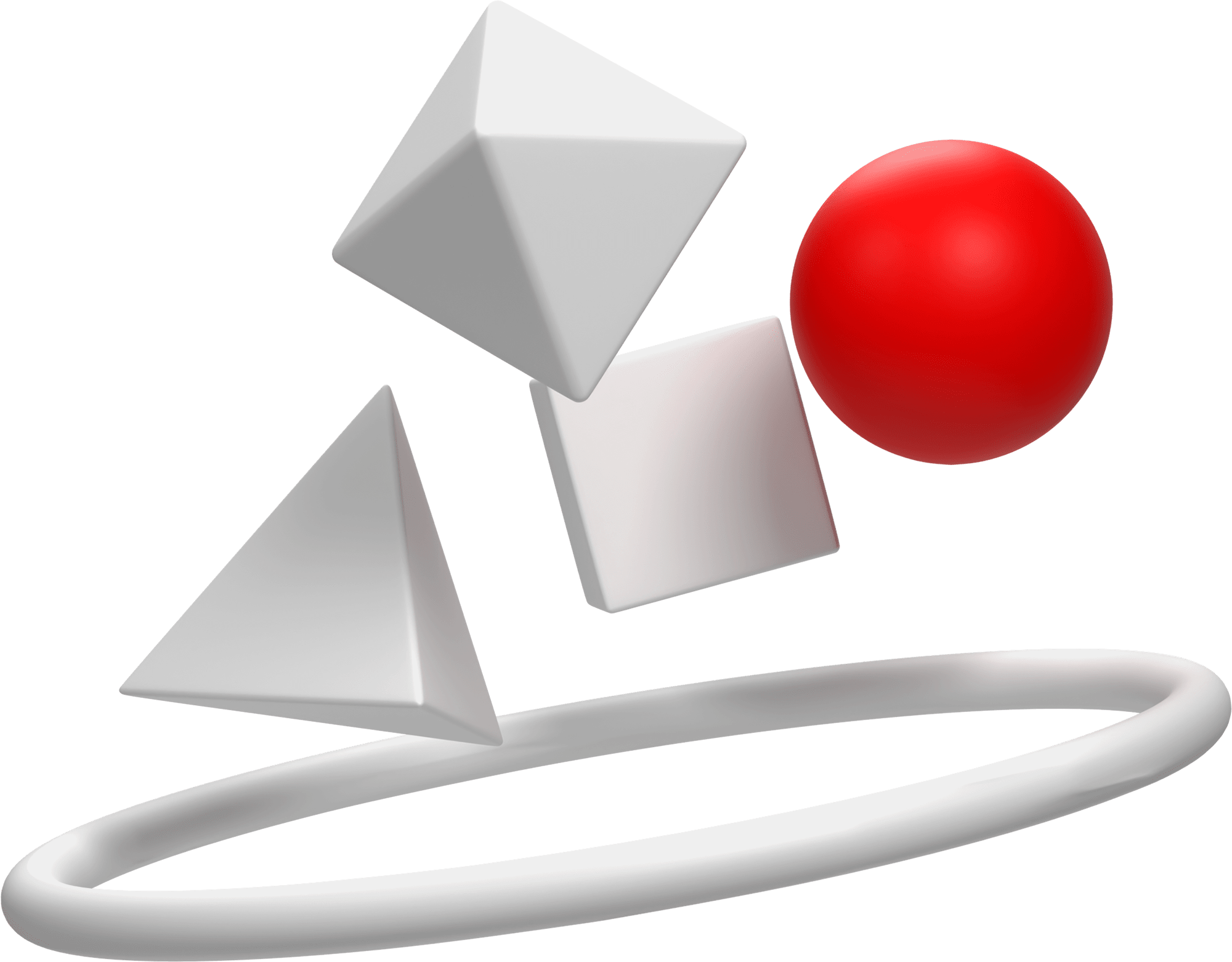 Red sphere, white pyramids, and a square floating together representing partner ecosystem