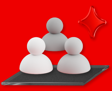 Three white figures on a shared platform, with a red star floating in background