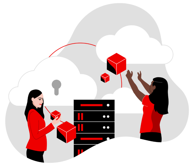 Two women move red blocks between secure and public clouds, representing hybrid cloud management