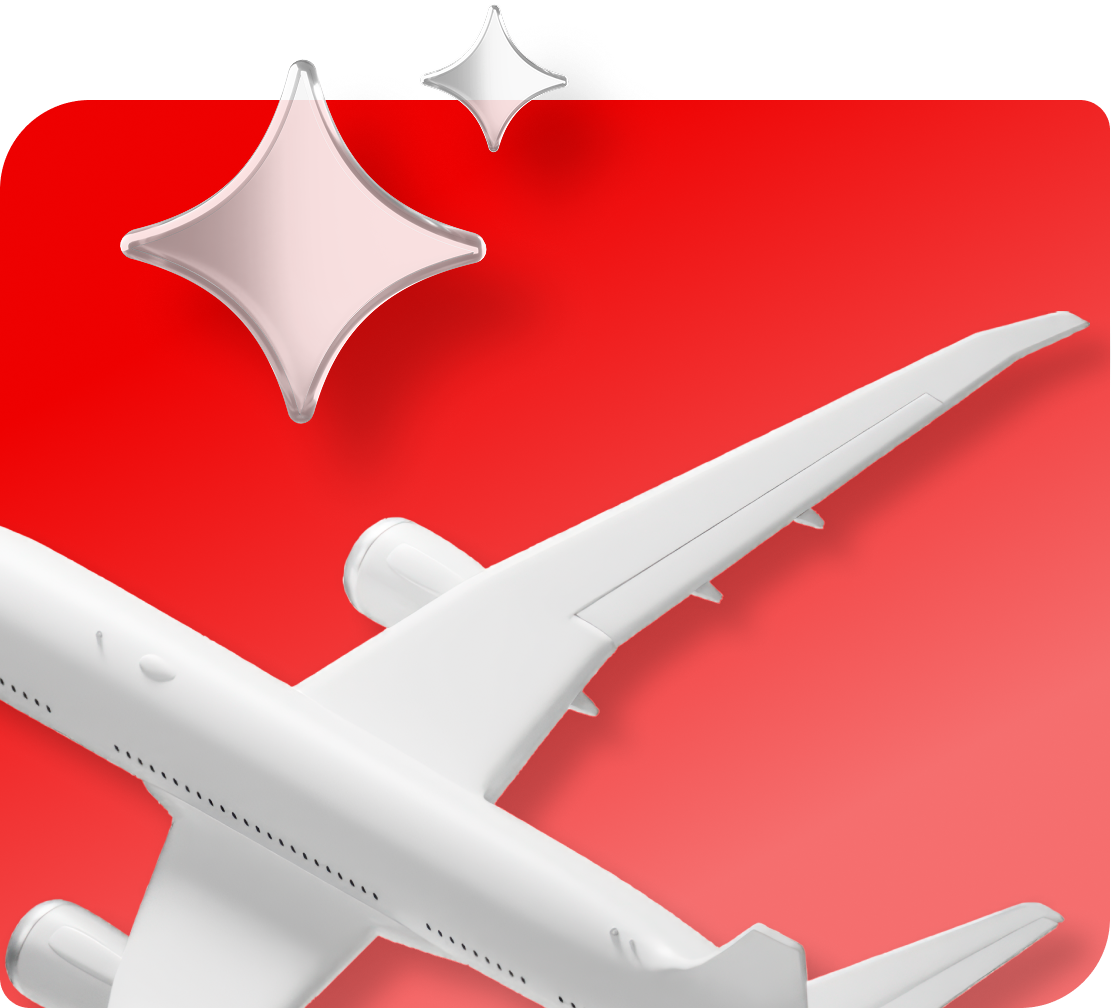 A white airplane graphic with sparkles on a red background