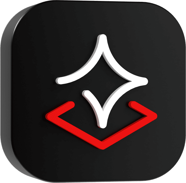 White sparkle icon above red angle brackets on a black rounded 3D square
