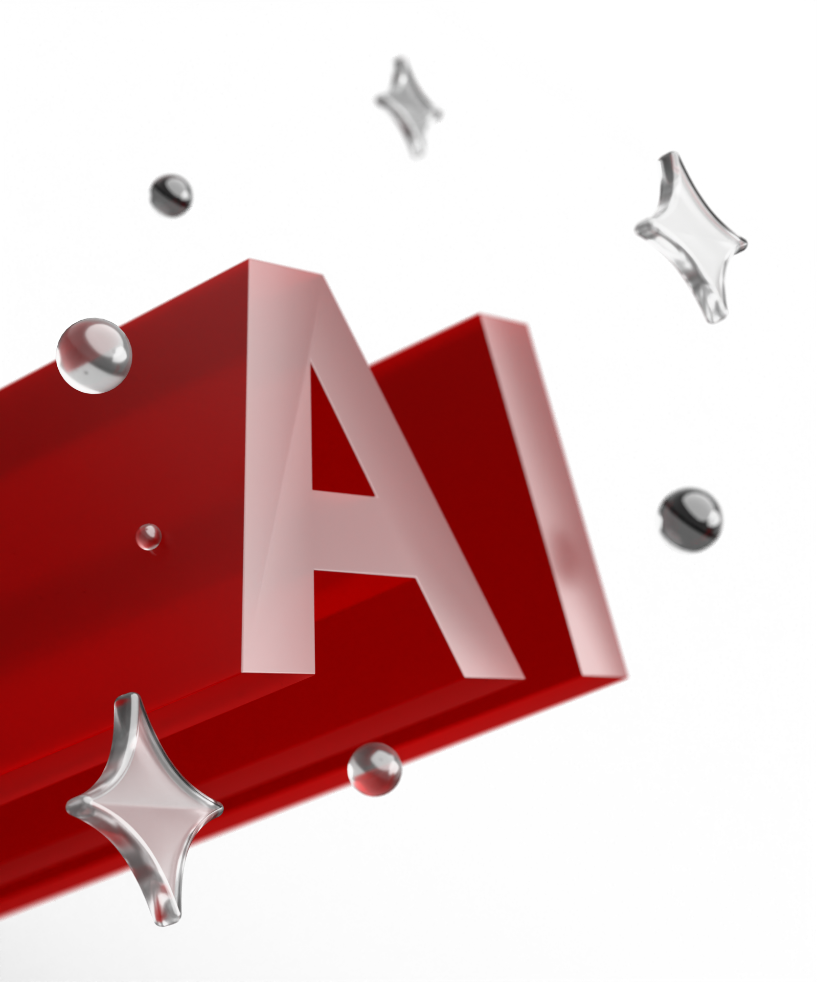 red 3D block AI letters with clear sparkles and balls 