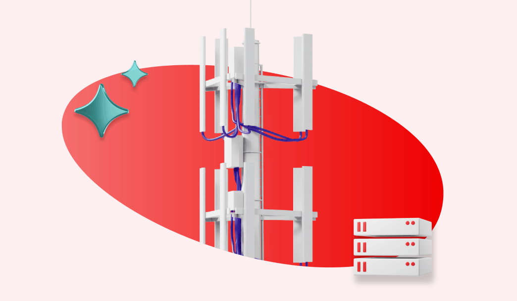 A white cell tower and a stack of three servers