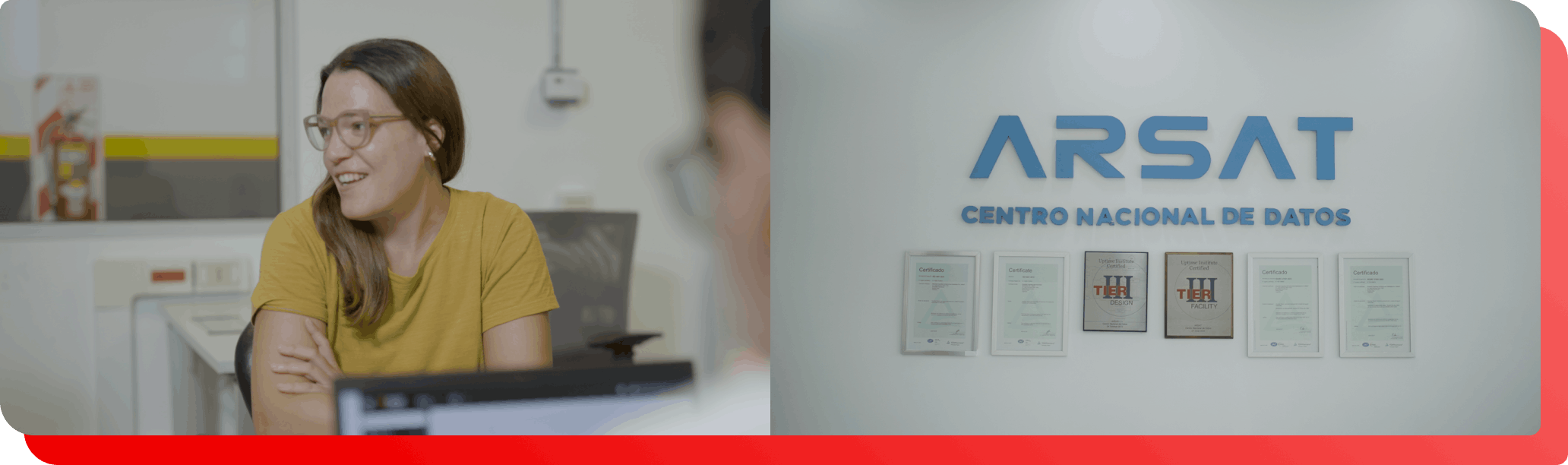 Split screen with a woman at a desk and the ARSAT logo on a wall
