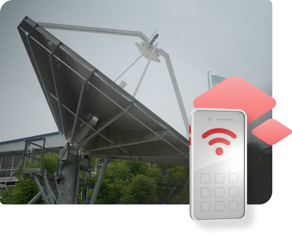 A large satellite dish with an overlaid graphic of a smartphone displaying a red Wi-Fi symbol