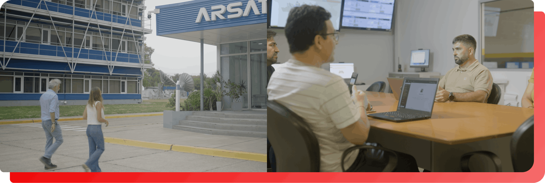 A split image showing people entering the ARSAT building and a team collaborating in a meeting
