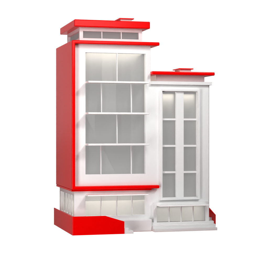 A modern two-story building rendered in white with red architectural accents