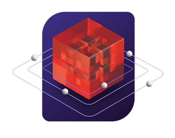 translucent red cube with an internal maze surrounded by orbiting purple lines and white spheres on a dark background.