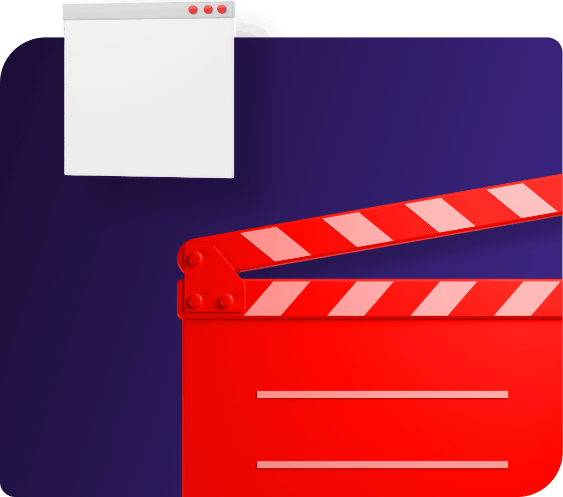 Graphic of a red movie clapperboard with a blank computer window