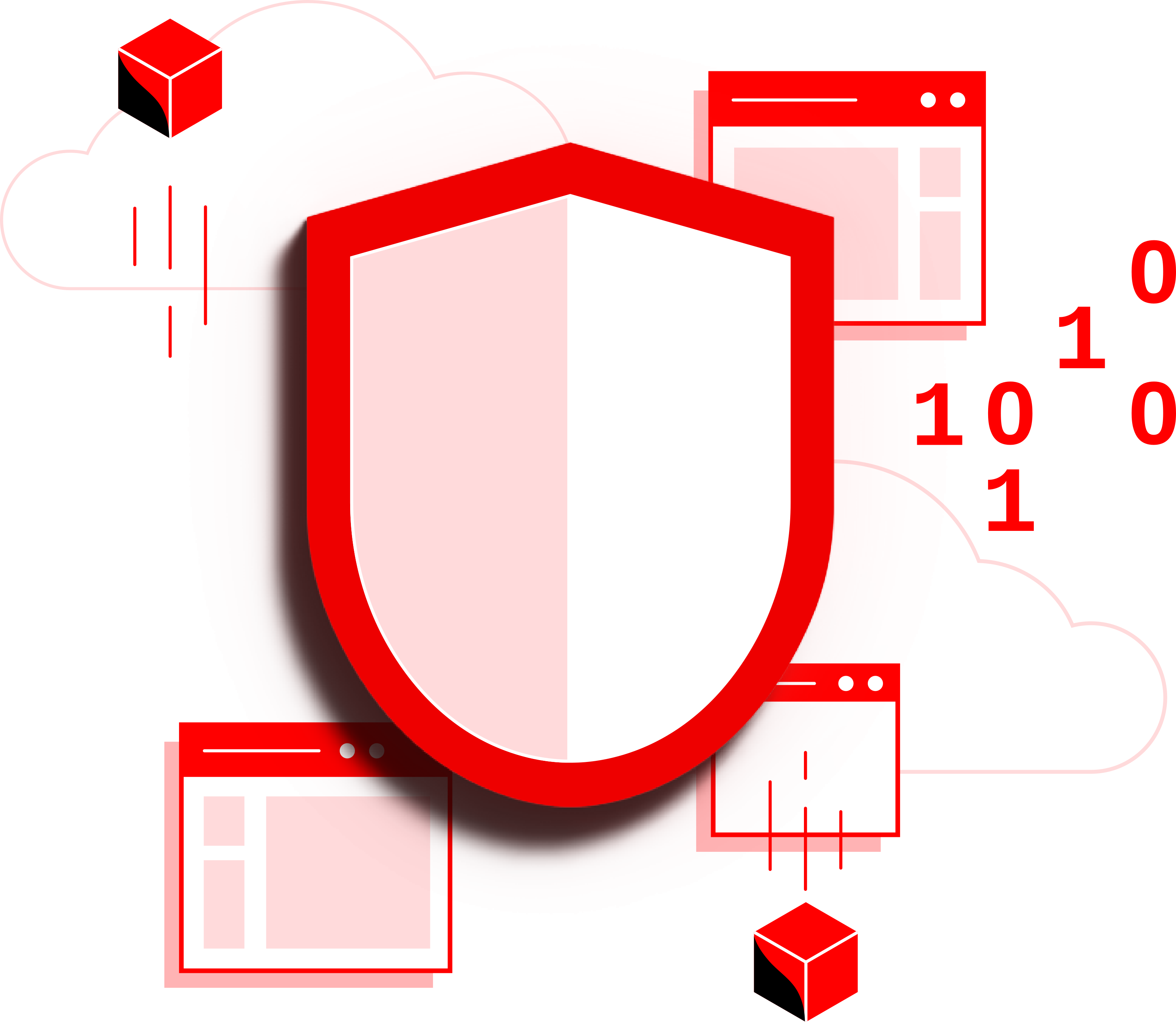 A red shield floats among clouds, application windows, and binary data