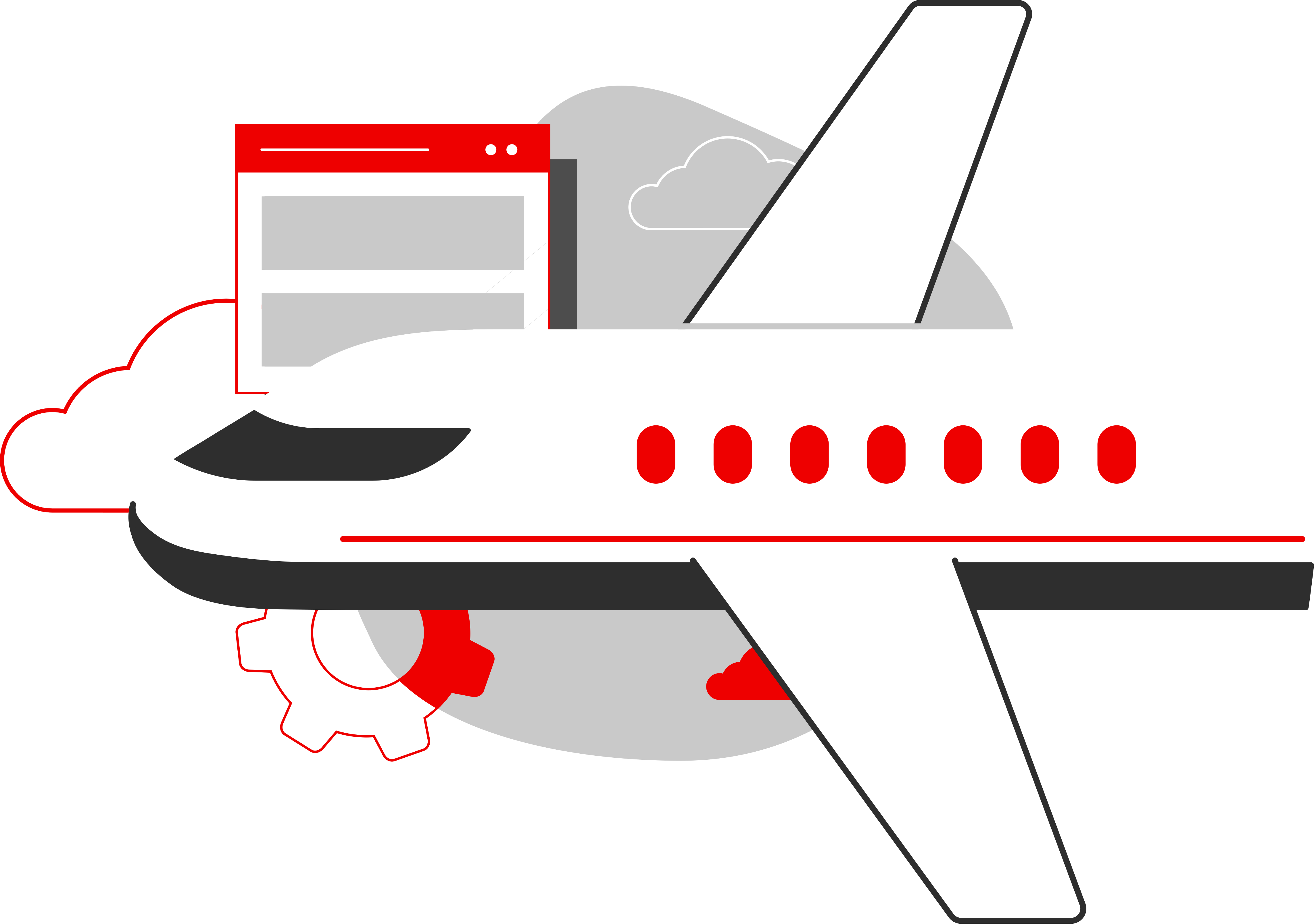 A jet airplane graphic with a browser window, a gear, and red accents