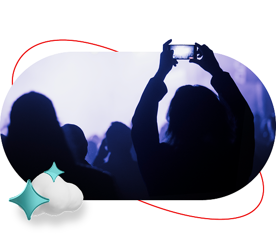 A person in a silhouetted crowd records an event on a phone, with a cloud and sparkles icon