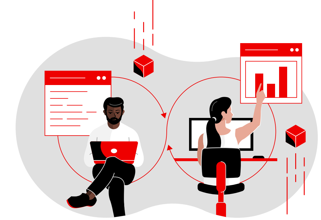 a developer and operations person collaborating in a continuous cycle