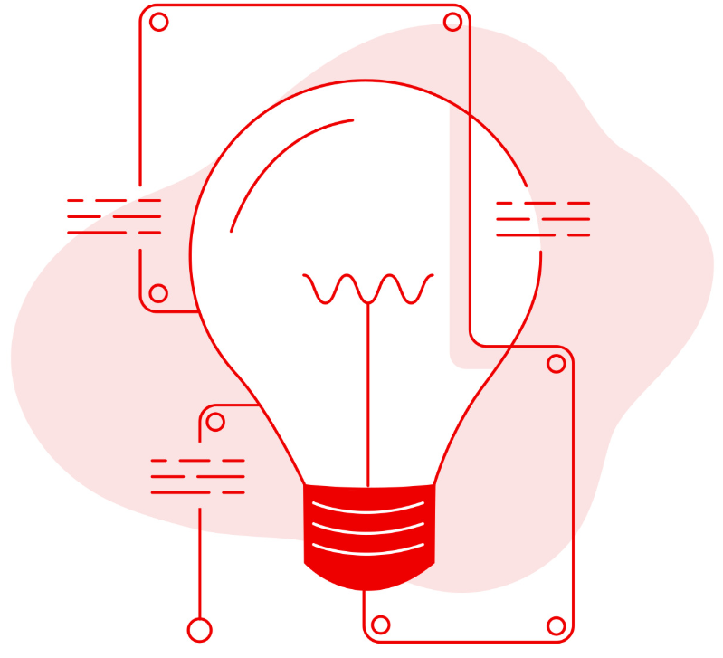 Red line art of a lightbulb integrated with automation workflows