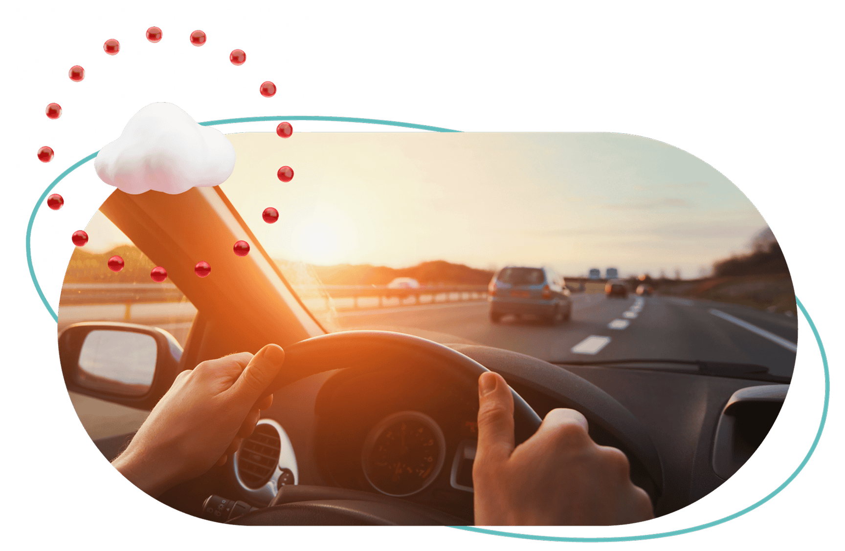 Edge computing concept showing a car on a highway receiving data from a cloud
