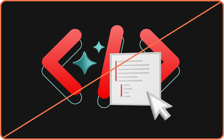 Image showing misuse: The icon representing code is enlarged and used as a base shape behind 3D objects.