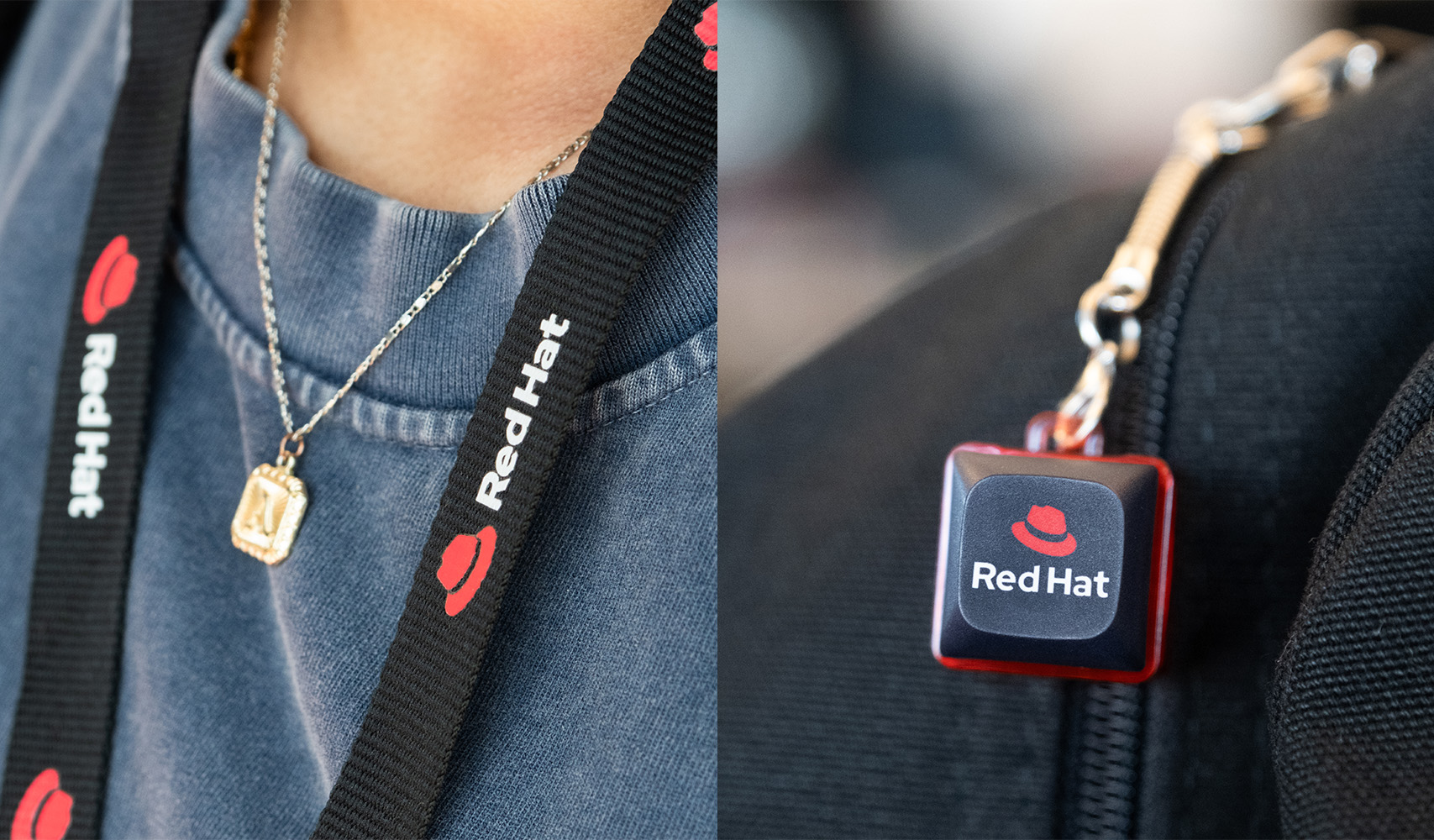 A lanyard with the horizontal Red Hat logo and a square keychain with the stacked Red Hat logo.