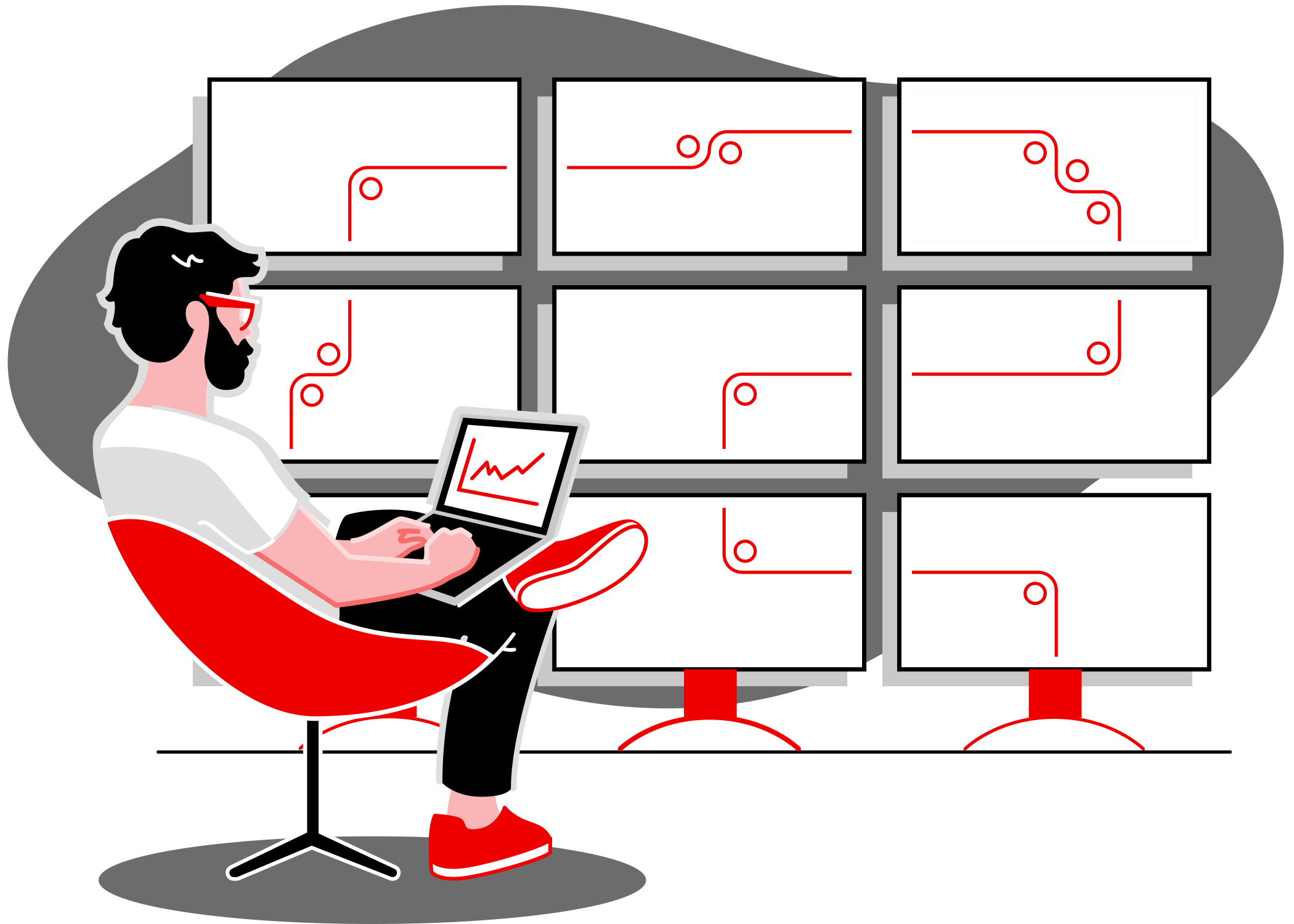 bearded man with glasses sitting in a red chair, looking at a laptop with a line graph, while surrounded by a grid of nine monitors