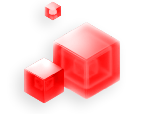 three 3D red cubes; small, medium, and larger in size