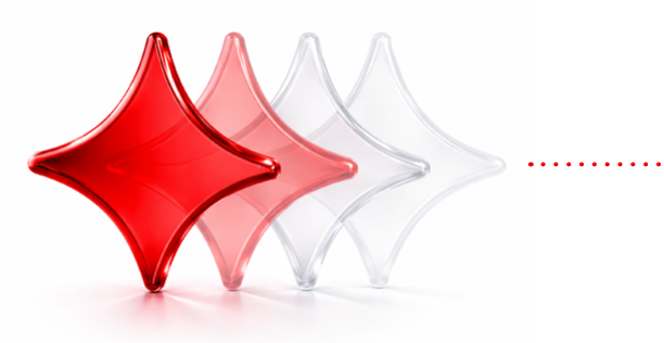 4 3D stylized stars in a row with a trail of tiny red dots behind