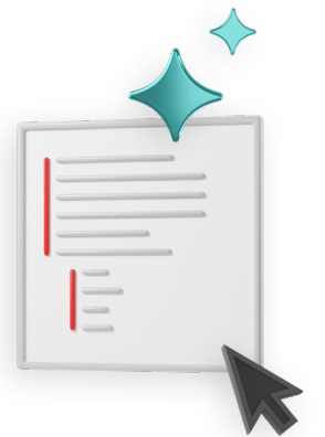 Stylized document with red highlights, a cursor, and teal sparkles