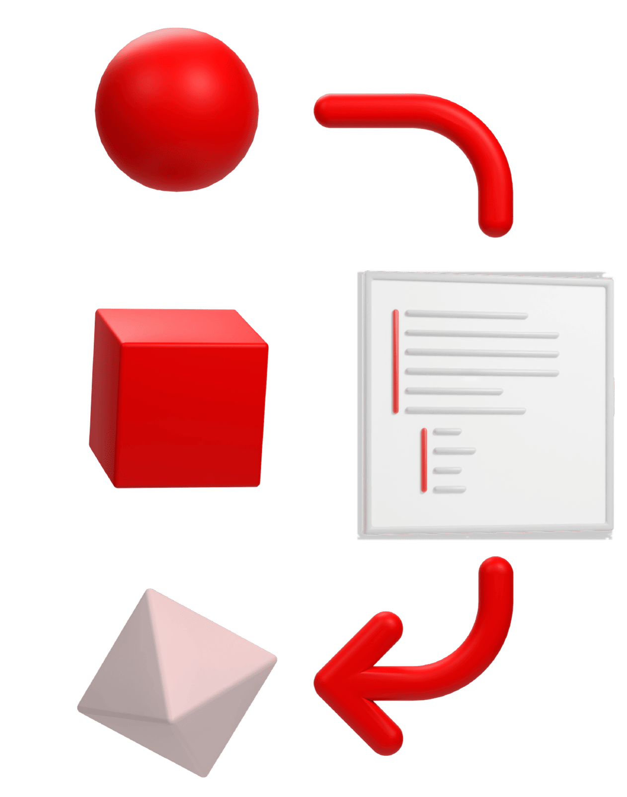 3D red sphere, cube, and octahedron connected to a document by curved red arrows