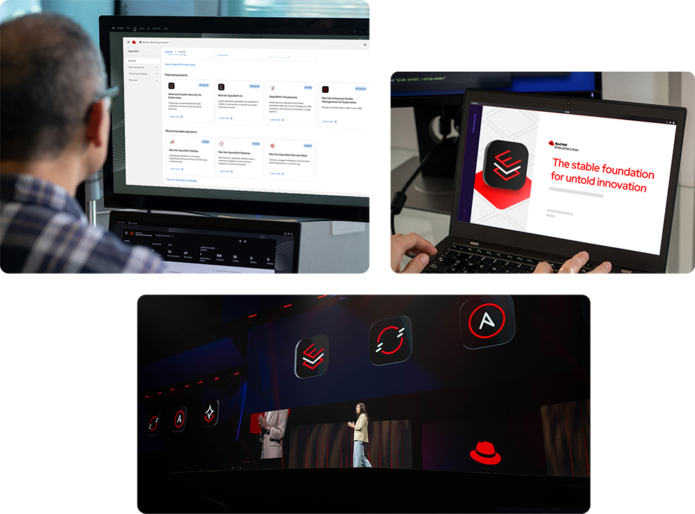 A collage of various product branding elements, including a computer screen of a marketplace, a computer screen of an OpenShift presentation, and a Summit presentation. 