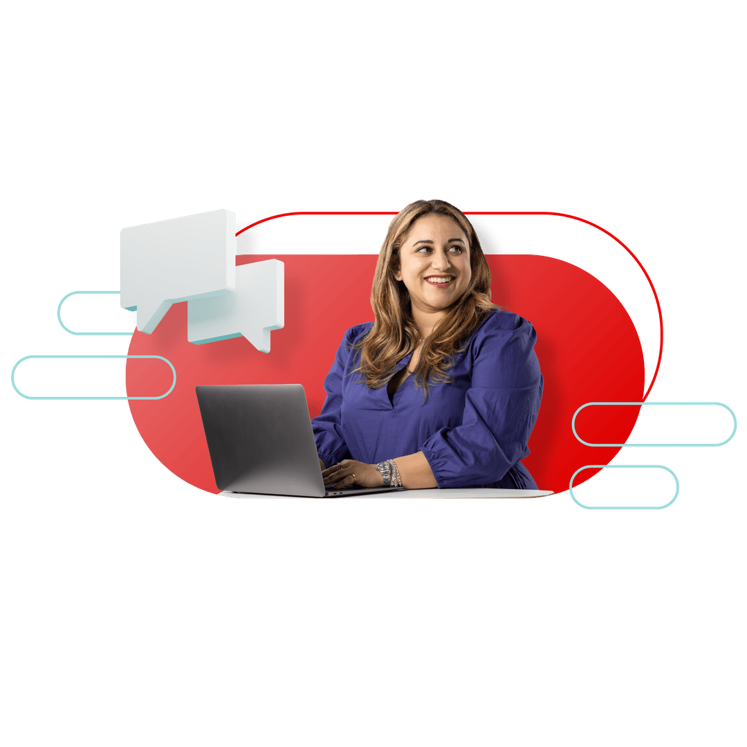 A smiling woman in a blue blouse works on a laptop amid speech bubbles and Automation graphics