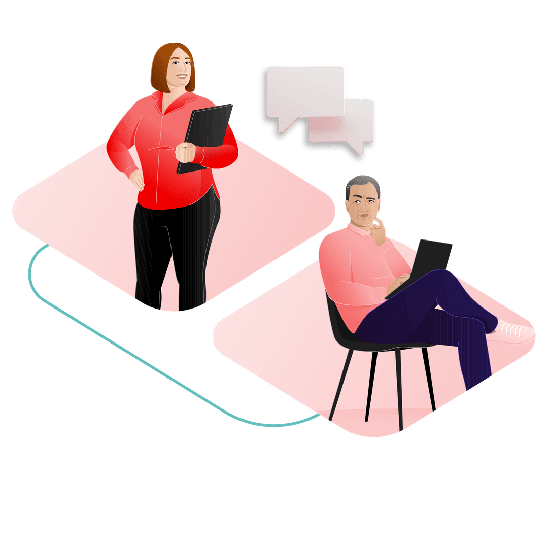 Collage of two people having a conversation while on their laptops