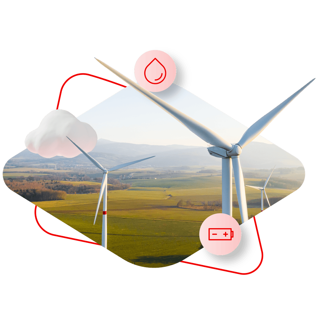 Wind turbines in a field with connected icons of a cloud, water drop, and battery