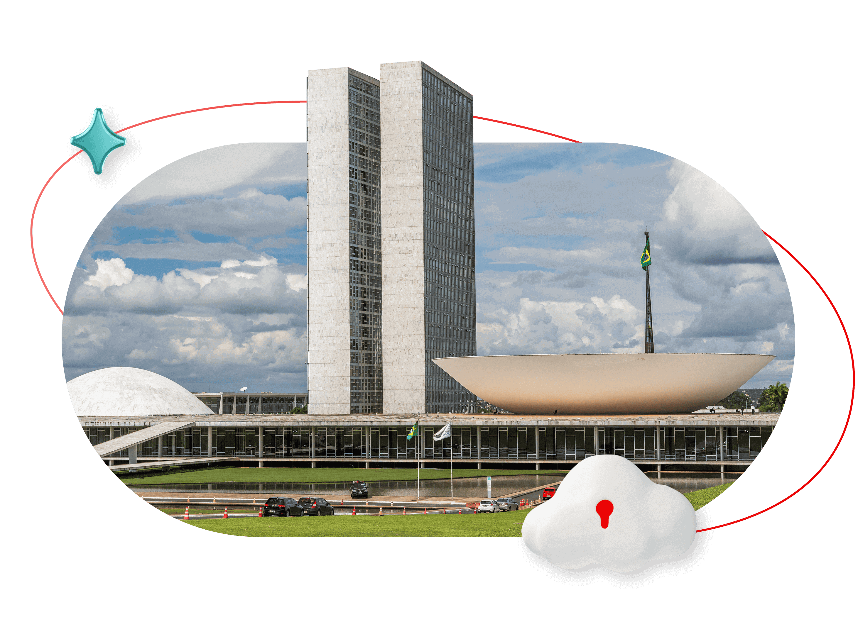 The National Congress of Brazil with a graphic overlay of a cloud icon containing a red keyhole