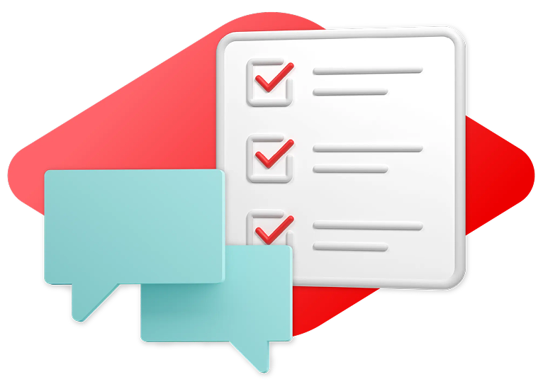 Two light blue speech bubbles in front of a checklist with three red checkmarks