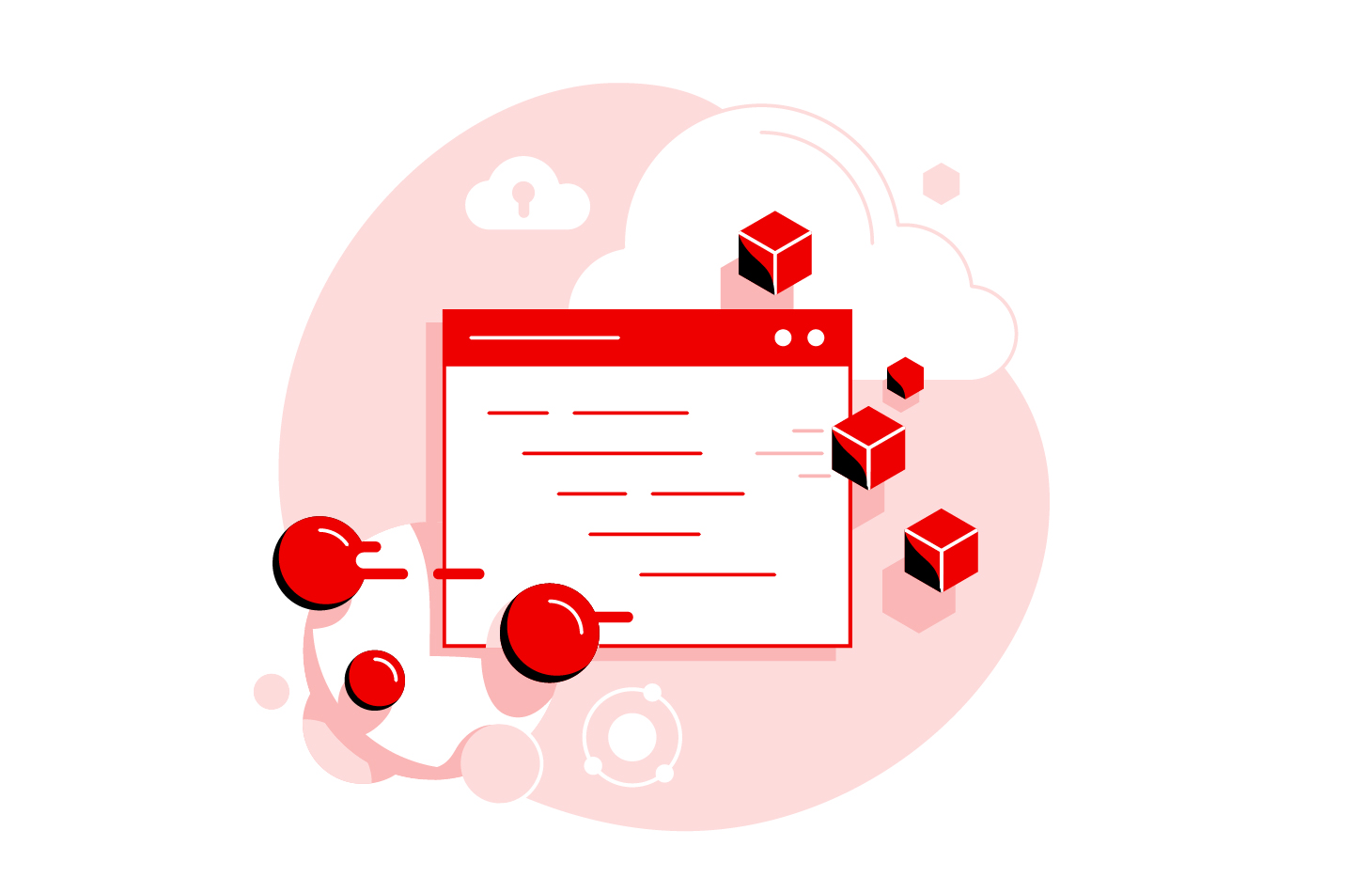 Illustration of web page with clouds and cubes floating around it