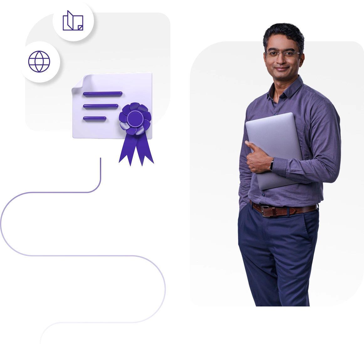 Smiling professional holding a laptop next to certification and learning icons