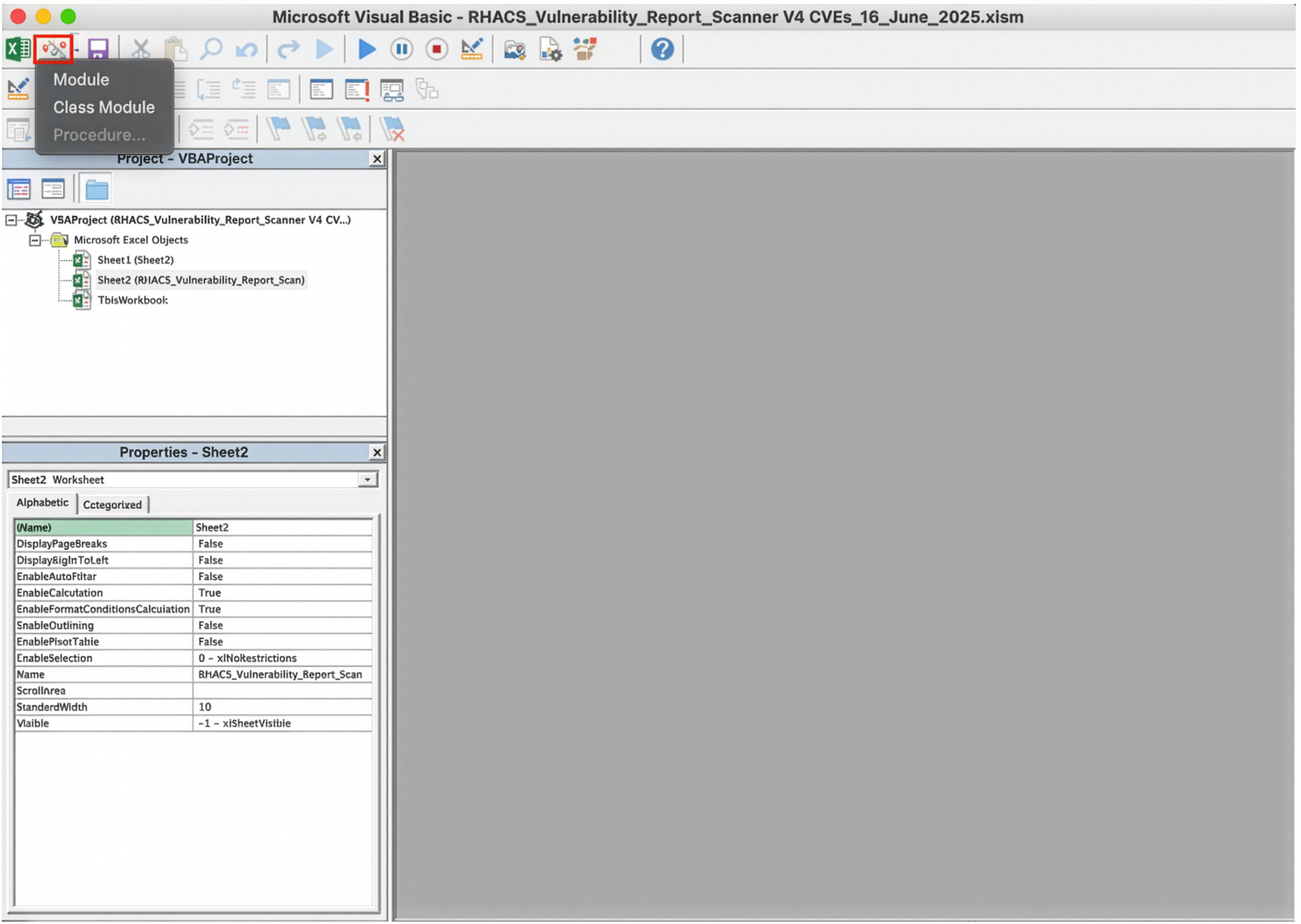 screenshot of The view in the VBA editor in the RHACS vulnerability report