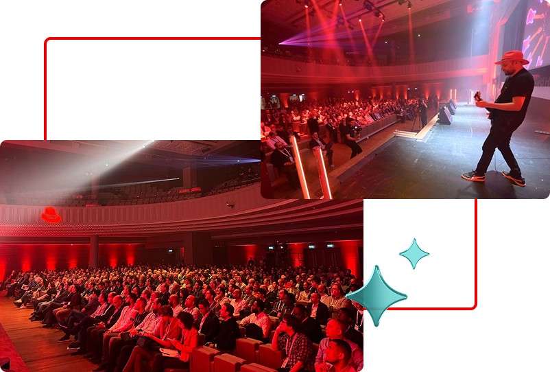 Photos from Paris event showing a packed auditorium and a guitarist on stage under red lights