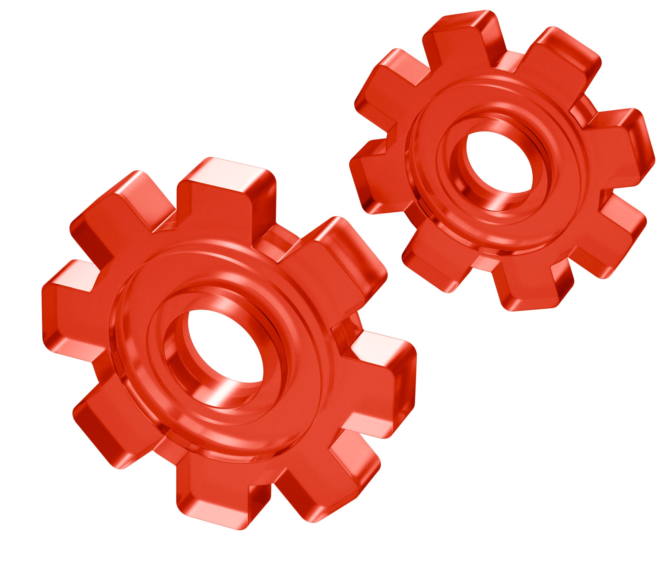 Two glossy, three-dimensional red gears