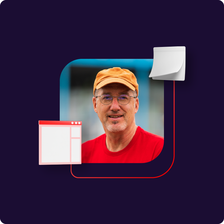 A photo of a Red Hat associate volunteering. The photo is cropped inside of a base shape.