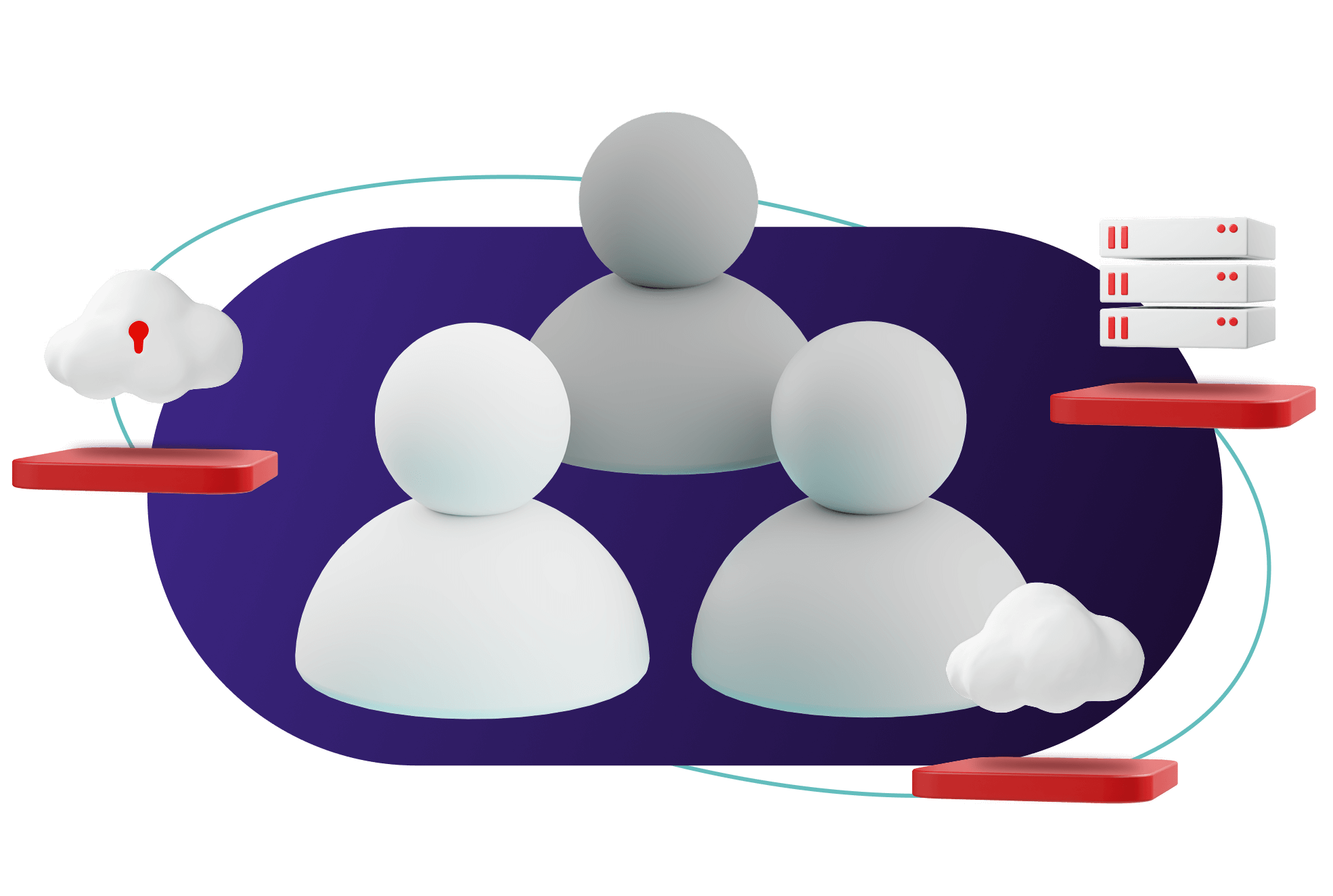 Collage of hybrid cloud elements circling around users 