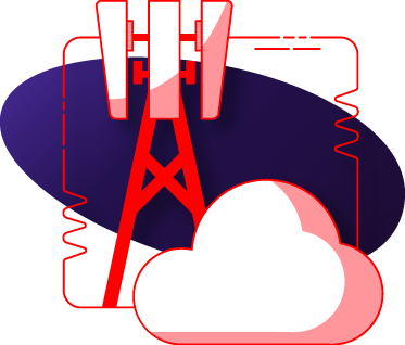 A red-outlined cell tower and cloud icon representing telecommunications and cloud infrastructure