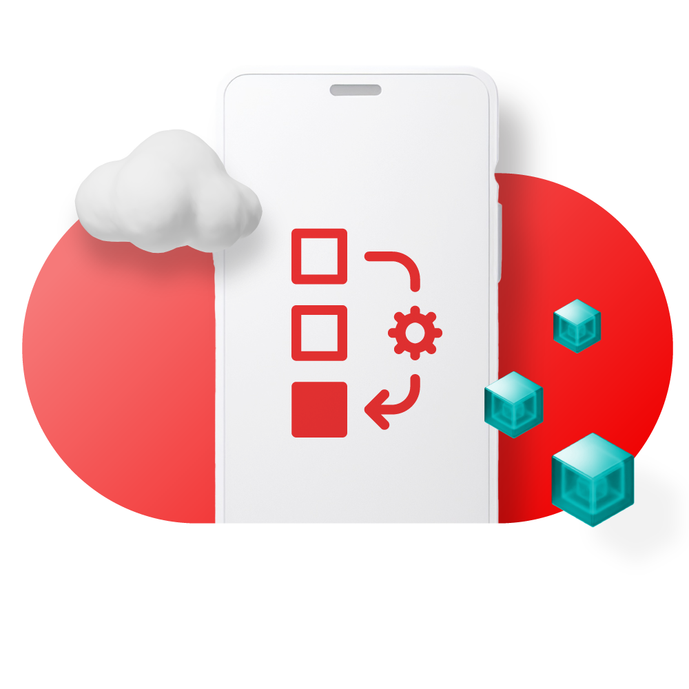 A smartphone displaying an automation workflow, surrounded by a cloud and teal containers