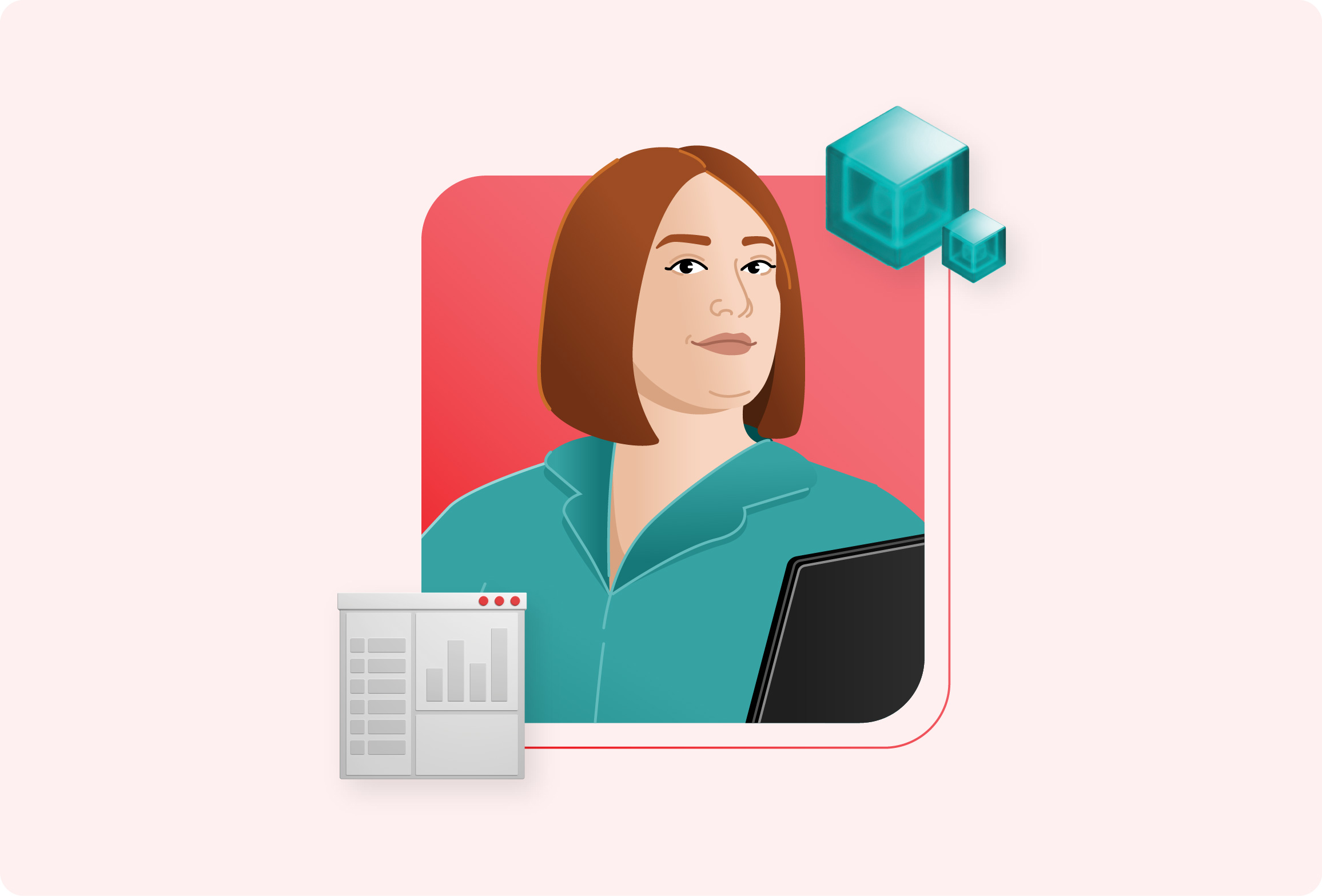 An illustrated woman holding a tablet, with an analytics panel and two translucent green cubes.