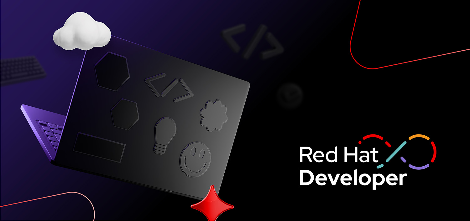 A sticker-covered developer laptop with cloud and AI icons and the Red Hat Developer logo.
