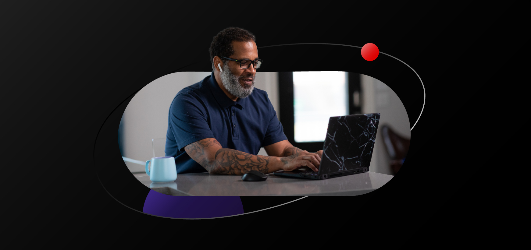 A collage featuring a businessman working on a laptop in the style of the Red Hat executive experience program.