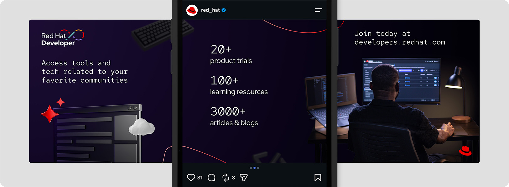 An Instagram carousel of Red Hat Developer images inviting developers to join the program.