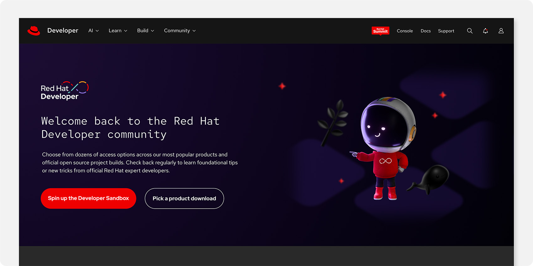 A hero graphic on the Red Hat Developer website with text welcoming the user and Repo and developer 3D objects floating on the right.