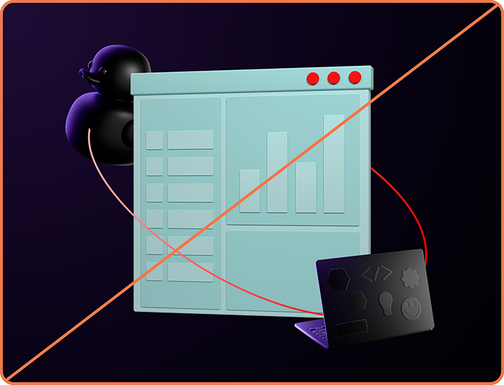 Example of misuse: A Developer collage with a bright teal, non-Developer 3D object used as the focal point.