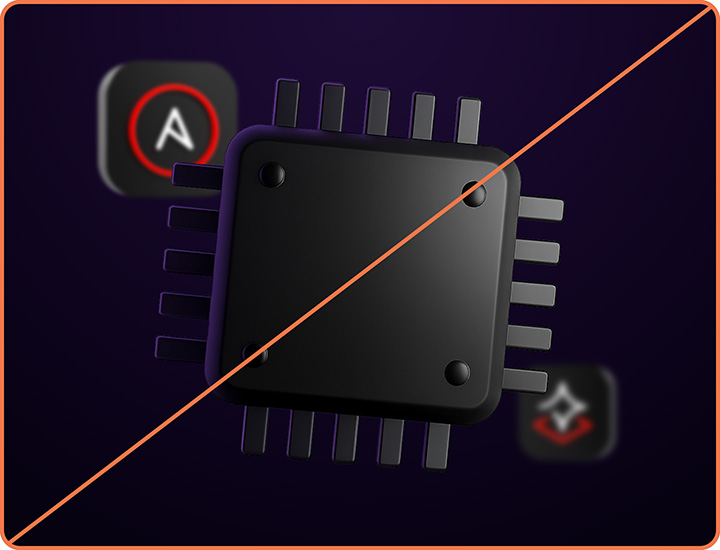 Example of misuse: A collage with the Red Hat Ansible and Red Hat AI technology icons blurred and overlapped by a large 3D object.
