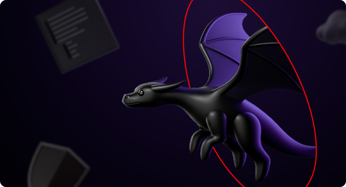 A generic, 3D-rendered dragon in Red Hat Developer style, flying through a portal made from the hat brim base shape.